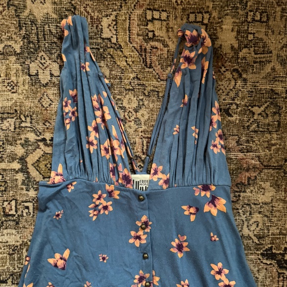 FREE PEOPLE Other Days Blue Floral Sleeveless Plunge Flowy Maxi Dress Medium - Picture 6 of 8